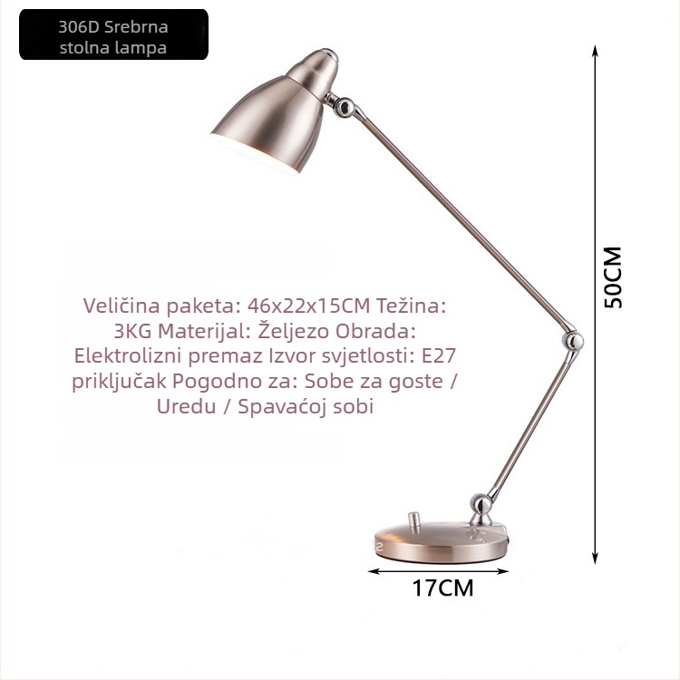 Stolna lampa s dugim ramenom, moderni minimalistički stil, metalna abažur, gumbasti prekidač, napajanje iz utičnice 220V, CRI ≥95, svjetlo za čitanje/učenje