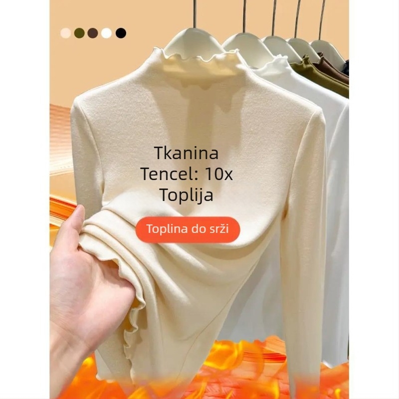 Ženski T-shirt s funkcijom samozagrijavanja, mock-neck ovratnik, dugi rukavi, uski kroj, Derong tkanina (poliester)