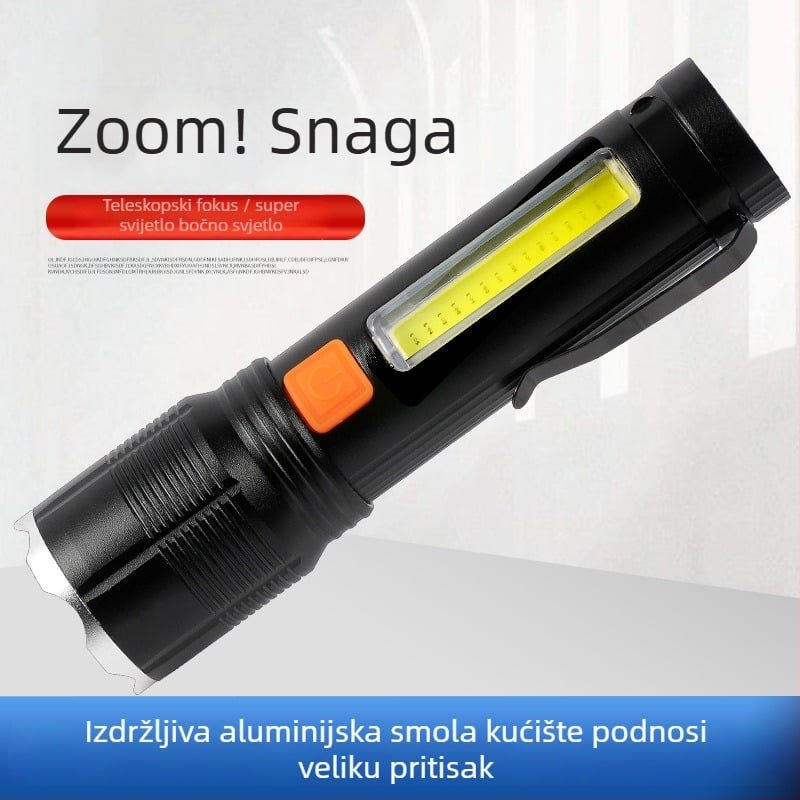 LED svjetiljka s COB bočnim svjetlom, aluminijska legura, 1500 lumena, punjiva uz punjač, 360° rotacija