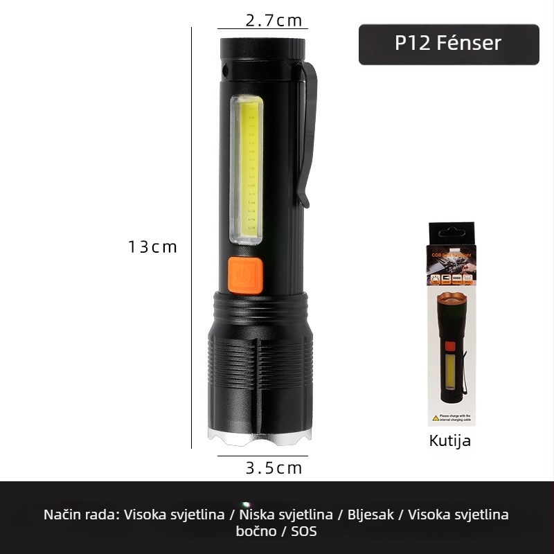 LED svjetiljka s COB bočnim svjetlom, aluminijska legura, 1500 lumena, punjiva uz punjač, 360° rotacija