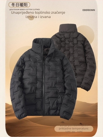 Zimska pamučna jakna s punjenjem od bijelog pačjeg pera, stojeći ovratnik, zip, jednobojna