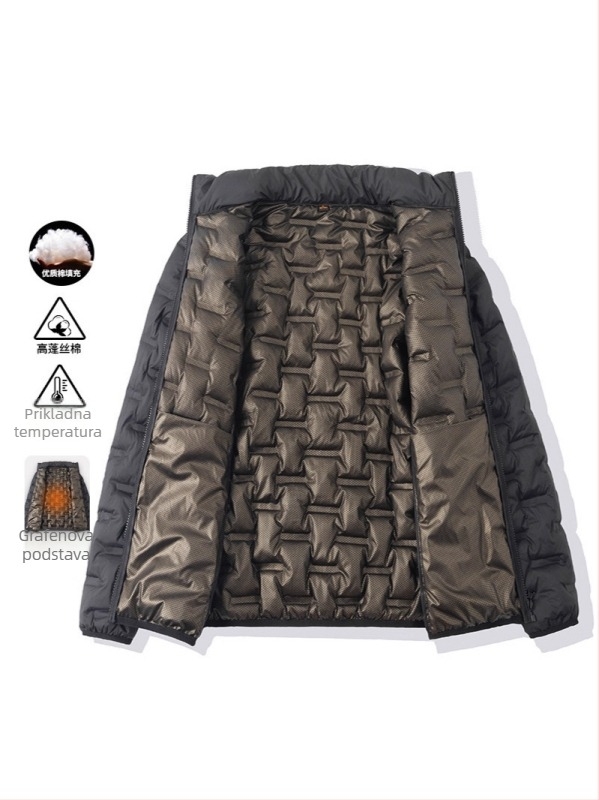 Zimska pamučna jakna s punjenjem od bijelog pačjeg pera, stojeći ovratnik, zip, jednobojna