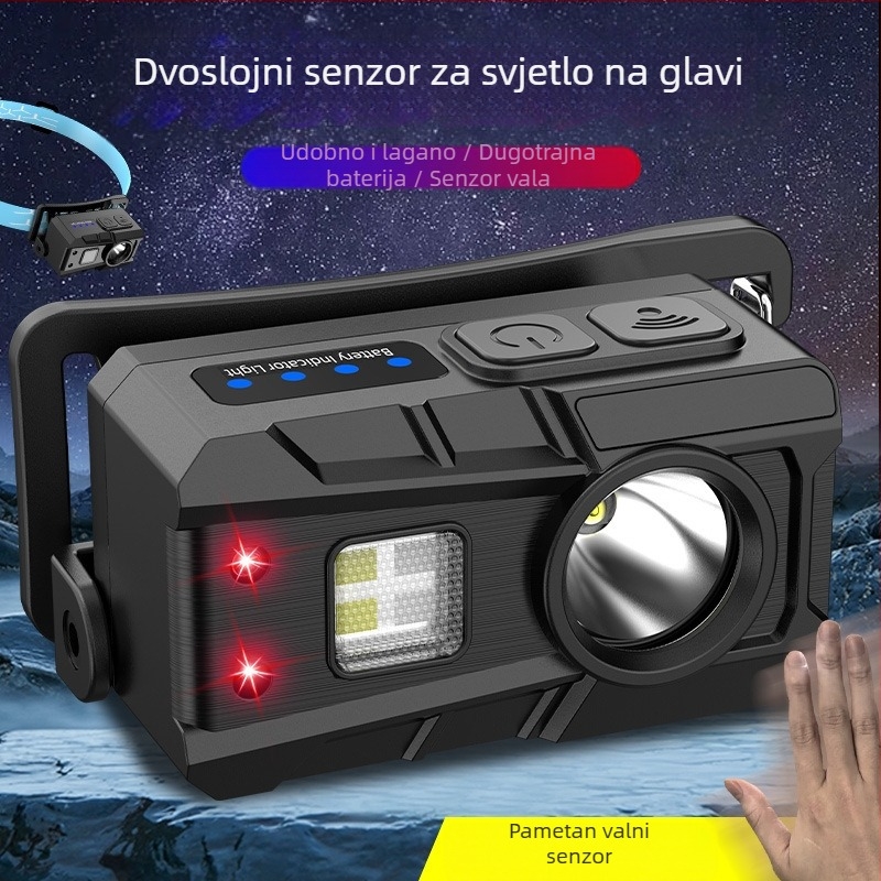 Čelna lampa sa senzorom LED 5W, ugrađena baterija od 800 mAh, punjiva, domet 100–200 m