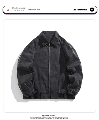 Muška corduroy jakna s kapuljom, stojeći ovratnik, širok kroj, dugi rukavi, jesen 2024