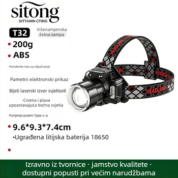 LED čelna svjetiljka, 5W, ugrađena 3000mAh baterija, uključeno punjač, domet zrake 100–200 m