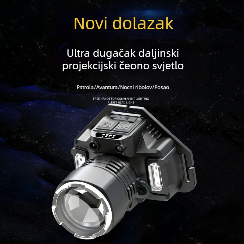 LED čelna svjetiljka, 5W, ugrađena 3000mAh baterija, uključeno punjač, domet zrake 100–200 m