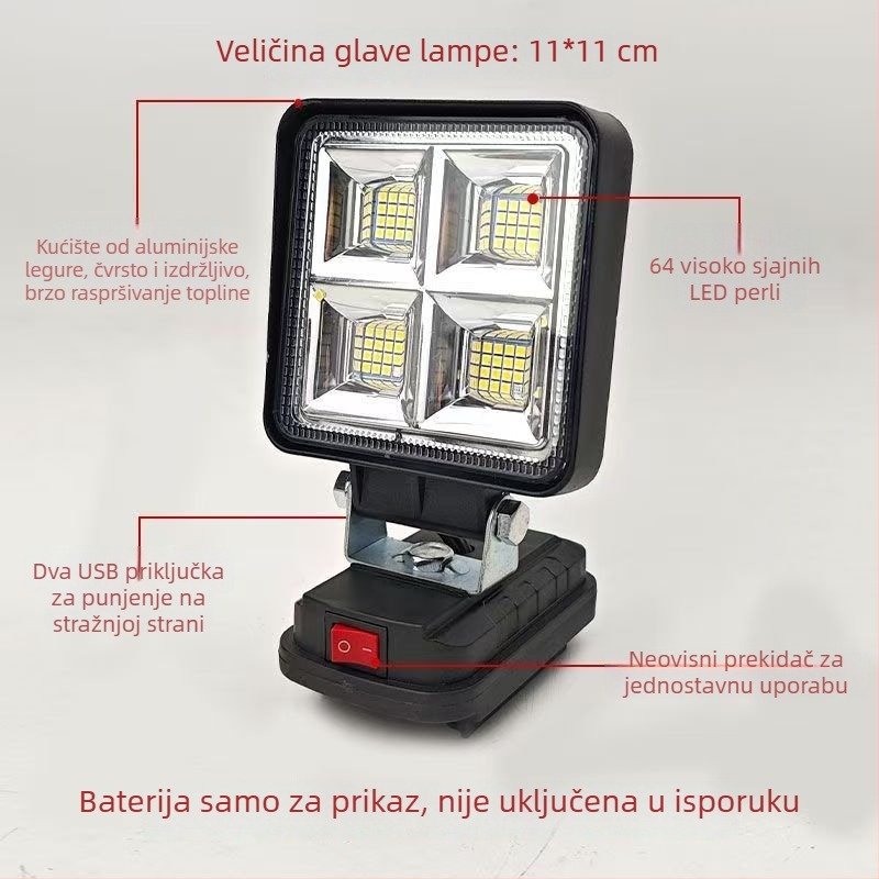 Vanjska radna svjetiljka s univerzalnim napajanjem 12–80V, 64W LED visoke snage, kompatibilna s Makita baterijom, napajana baterijom, flood svjetlo