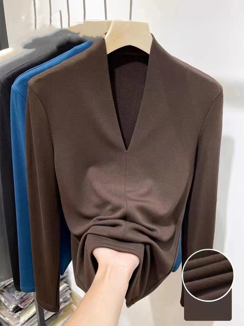 Ženski top s dugim rukavima i V-izrezom, uska silueta, Derong poliester-spandeks smjesa, jednobojni, jesen-zima