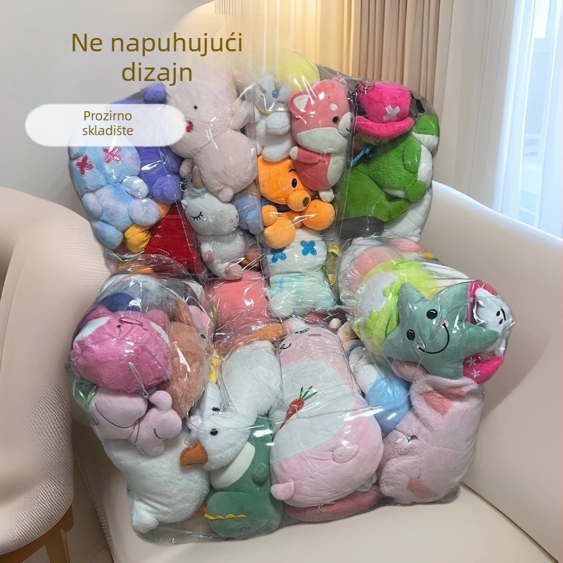 Prozirna napuhana sofa s prostorom za pohranu lutaka i plišanih igračaka — ekološki prihvatljiv PVC, debljina 0.25, težina 1.5 kg, moderni minimalistički stil