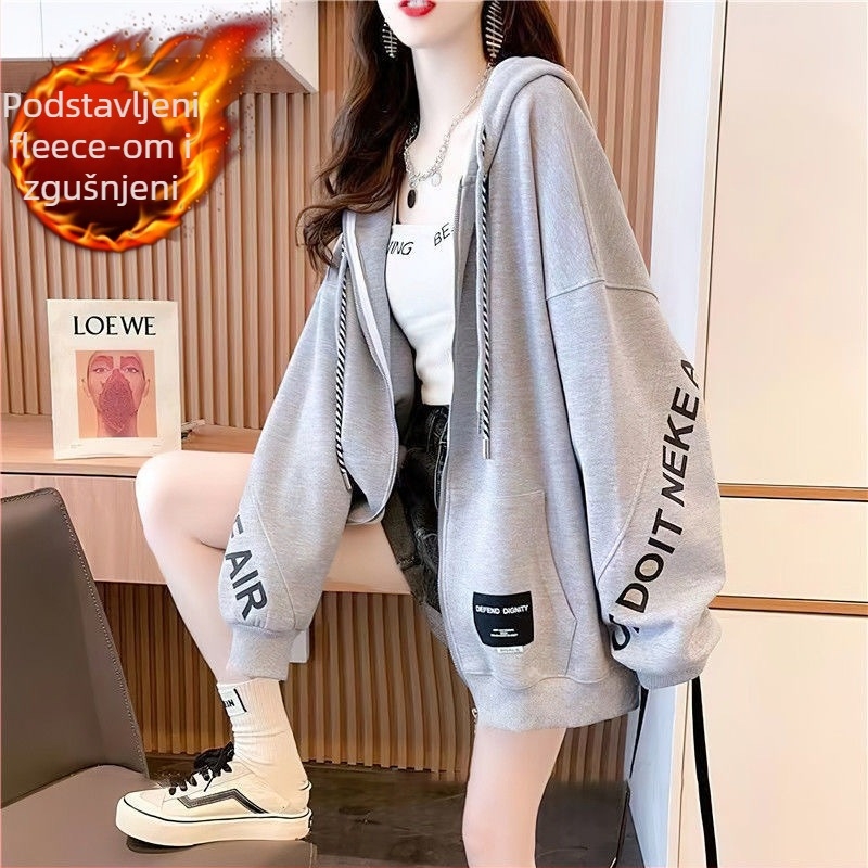 Ženski fleece kapuljačasti kardigan-svijet s printom slovima, slobodan kroj, srednja duljina, dugi rukavi, zatvarač, pamuk-poliester smjesa