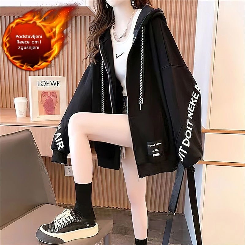 Ženski fleece kapuljačasti kardigan-svijet s printom slovima, slobodan kroj, srednja duljina, dugi rukavi, zatvarač, pamuk-poliester smjesa