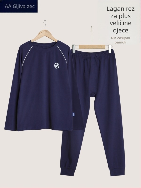Dječji pamučni termalni set za dječake – tanak, ležernog kroja top i hlače, okrugli ovratnik, proljeće–jesen, 95% pamuk.