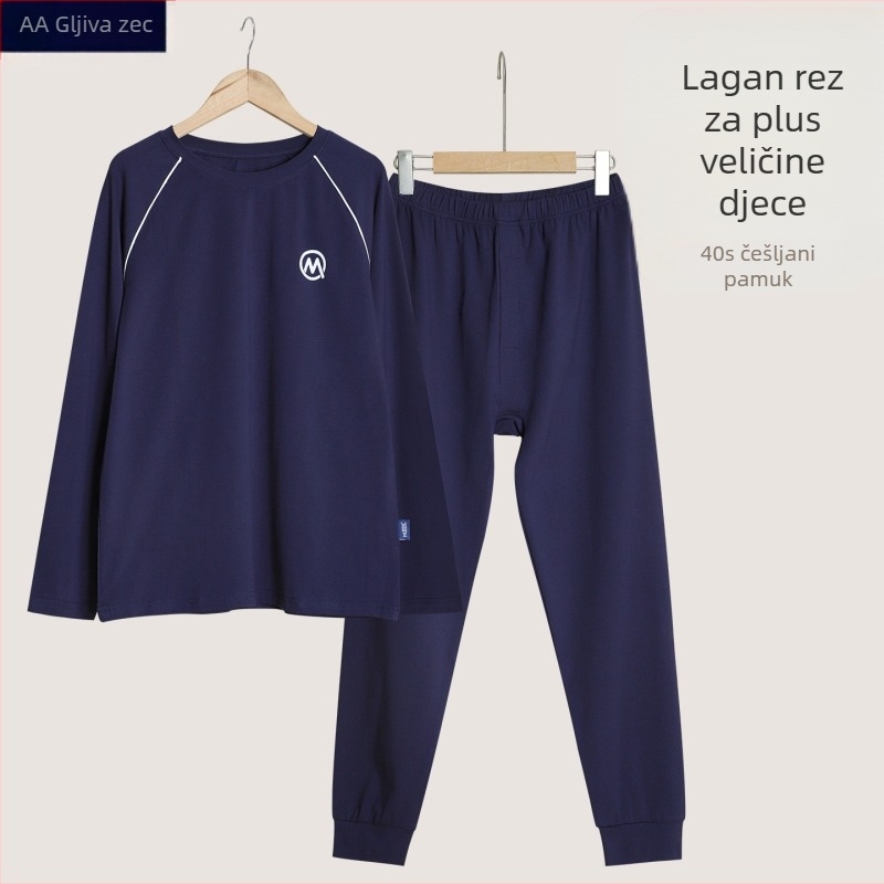 Dječji pamučni termalni set za dječake – tanak, ležernog kroja top i hlače, okrugli ovratnik, proljeće–jesen, 95% pamuk.