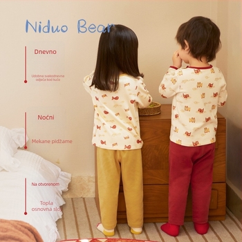 Nido Bear zimski dječji termalni komplet donjeg rublja – gornji dio s okruglim izrezom i hlače, životinjski uzorak, De Velvet tkanina, 38% viskoze