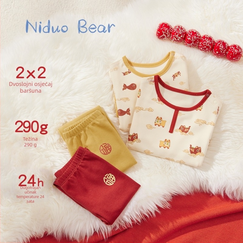 Nido Bear zimski dječji termalni komplet donjeg rublja – gornji dio s okruglim izrezom i hlače, životinjski uzorak, De Velvet tkanina, 38% viskoze