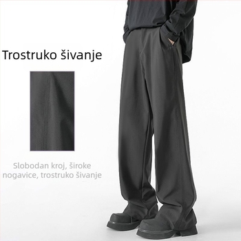 Muške hlače od baršuna s flis podstavom, visokim strukom, širokim krojem, dugačke, casual hlače od mješavine vlakana bambusa, svile i poliestera, mikroelastične