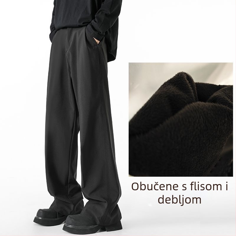 Muške hlače od baršuna s flis podstavom, visokim strukom, širokim krojem, dugačke, casual hlače od mješavine vlakana bambusa, svile i poliestera, mikroelastične