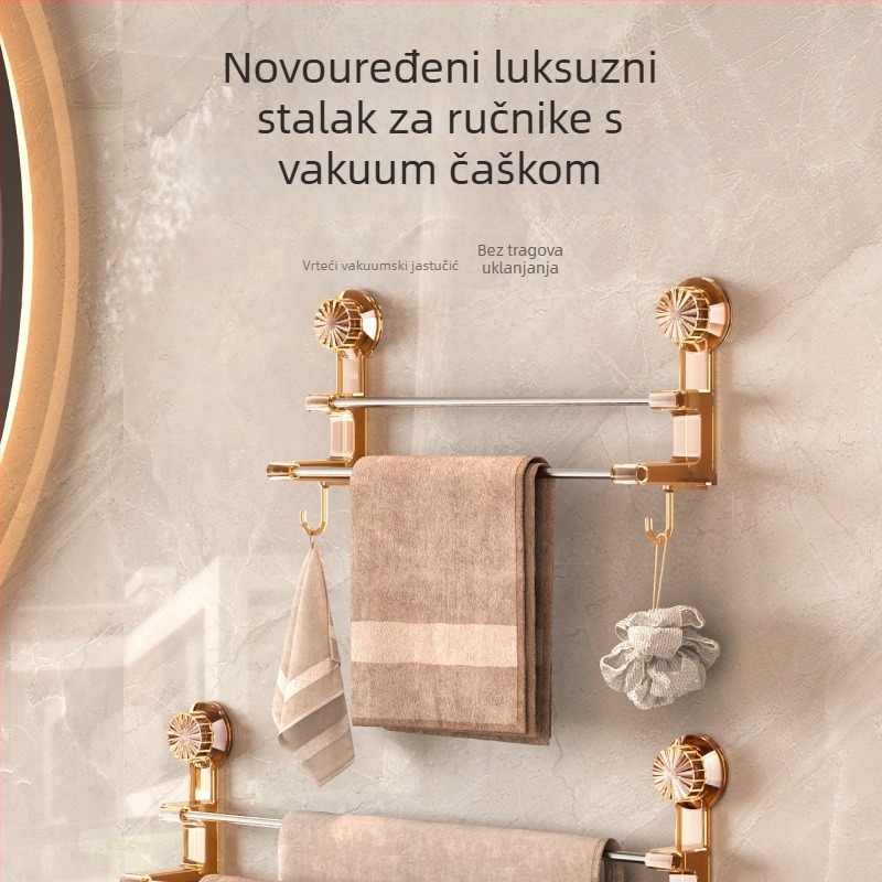 Držač za ručnike s dvostrukom šipkom i vakuumskim pričvršćivanjem – kupaonsko skladište s kukama, dvostruka uporaba za suhe i mokre ručnike; materijali: plastika i nehrđajući čelik; 60 komada u kutiji.