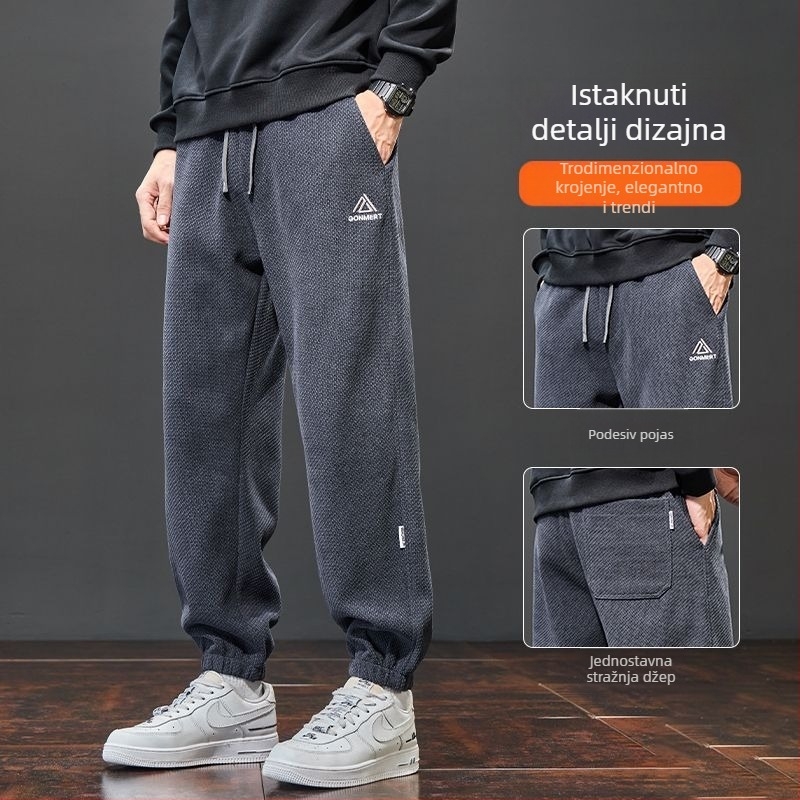Muške pletene jogger hlače za zimu, ravnog kroja, srednji pojas, zatvarač, podstava od velura