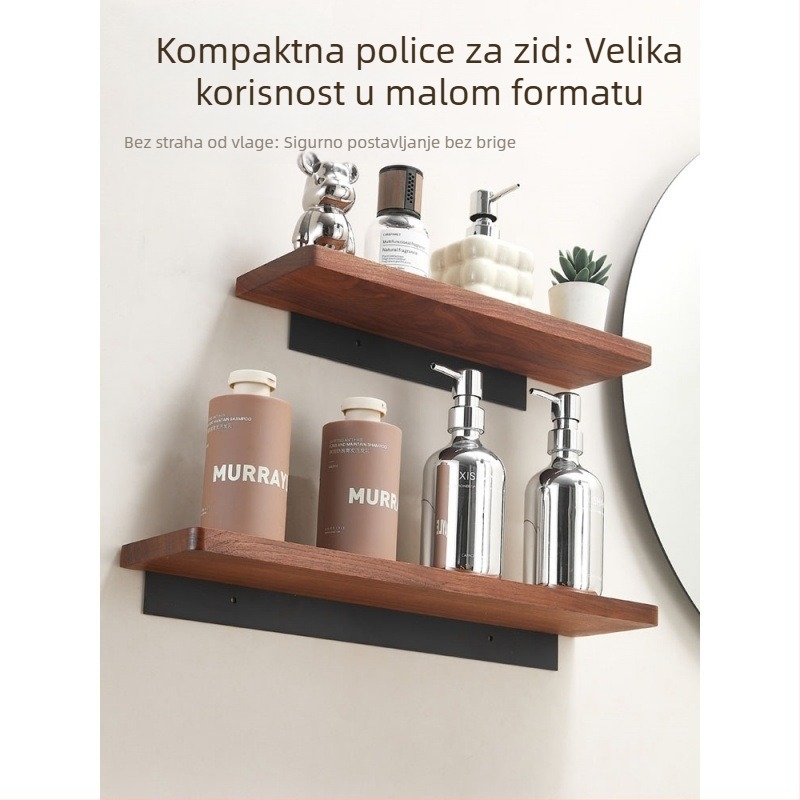 Držač za skladištenje od orahovog drveta, zidni, polirana površina, jedna polica, nosivost 5–10 kg