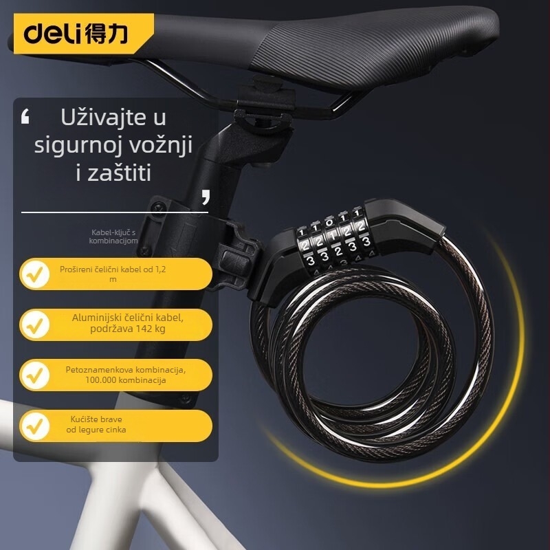 Deli DL508042 Lakat za bicikl: Lanac i čelični kabel, Prenosni, Otporan na udarce, Protiv provale, Protiv rezanja