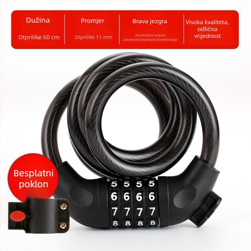 Katanac za bicikl sa šifrom i čeličnim kabelom – prenosiva zaštita od krađe za planinska bicikla