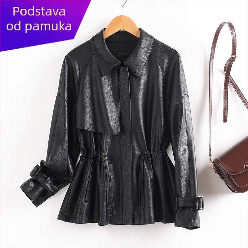 Ženska PU kožna jakna srednje duljine s reverom, pojasom sa šnom, zipom, raglan rukavima
