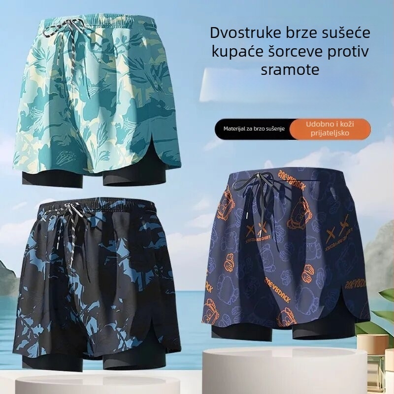 Muške plivačke šorceve za plažu s dvostrukim slojem protiv neugode, 95% poliester, lagana elastičnost, ljeto 2025