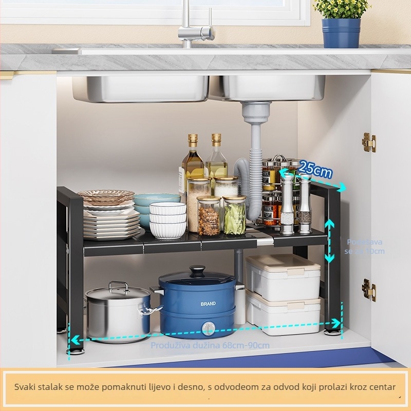 Kuhinjski proširivi organizator za sudoperu – Višefunkcionalni organizator posuđa, unutarnje skladište ormara, karbonska čelična, moderni minimalistički stil
