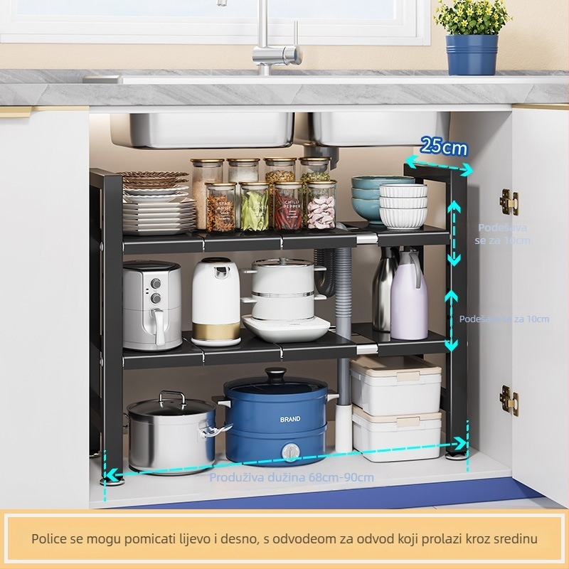 Kuhinjski proširivi organizator za sudoperu – Višefunkcionalni organizator posuđa, unutarnje skladište ormara, karbonska čelična, moderni minimalistički stil
