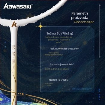 Kawasaki badminton reketa, karbonskim okvirom, težina 80–84 g, debljina drške G5, nylon žice