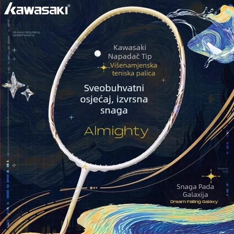 Kawasaki badminton reketa, karbonskim okvirom, težina 80–84 g, debljina drške G5, nylon žice