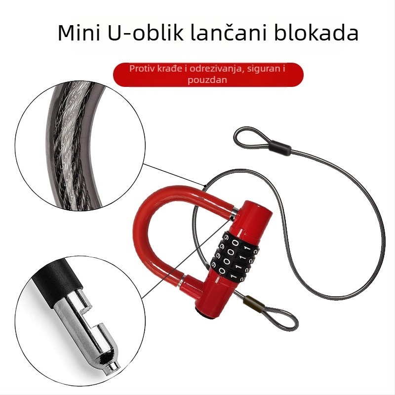 Mini U-oblik katanc s čeličnim kabelom duljine 1,5 m, kućište od legure, 500 g, pogodan za električna vozila, motocikle i bicikle
