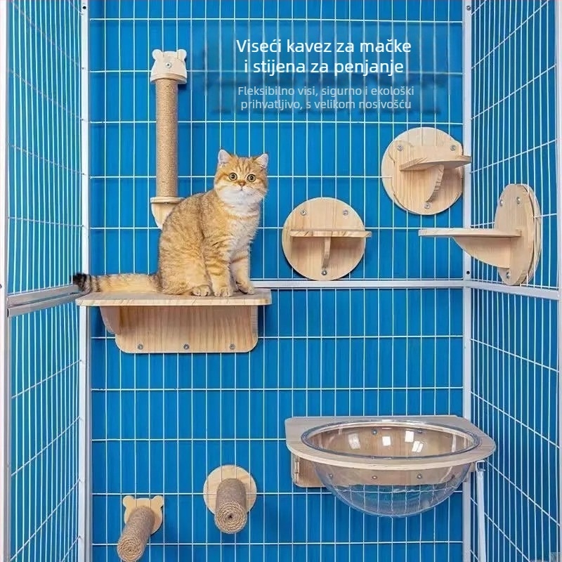 Drveni zidni penjački okvir za mačke s kapsulnom platformom, uštedite prostor, stup za grebanje i ljestvica, gnijezdo za zečeve