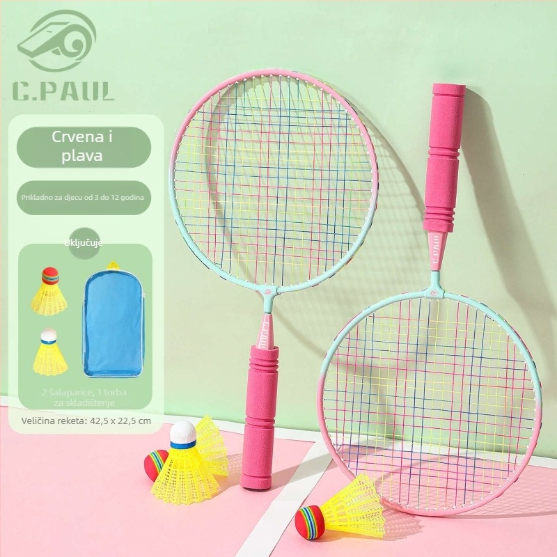 Dječji set badminton reketa (dvije rekete) – Paul’s Choice, okvir od željezne legure, vlaknaste žice, srednja tvrdoća, za badminton i tenis, uzrast 3–12 godina