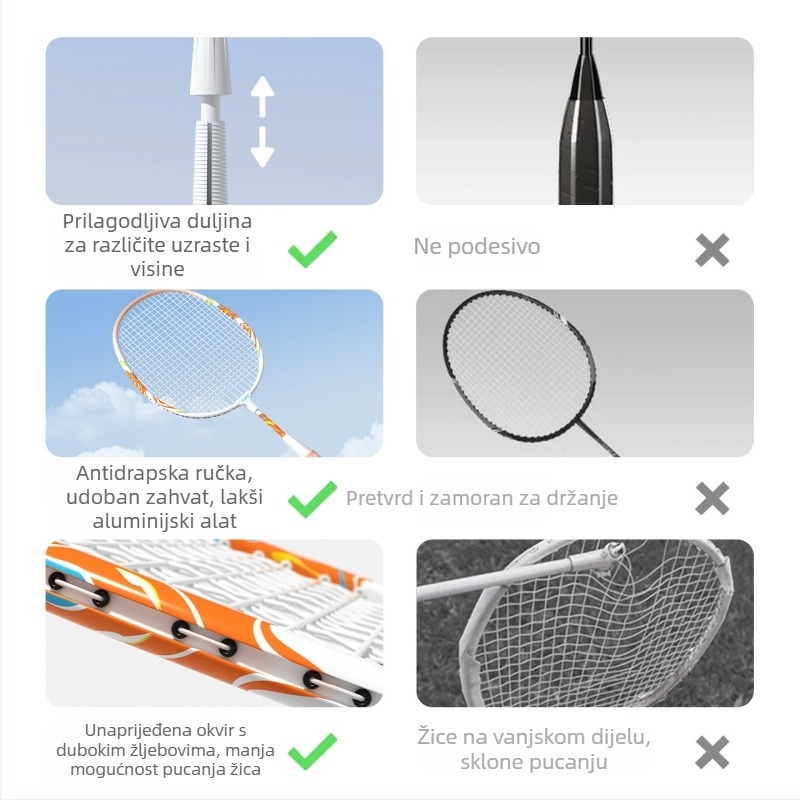 Raketa za badminton – Yuke, aluminijski okvir, težina 95–100 g, debljina drške G2, tvrdoća umjerena, za dječji trening