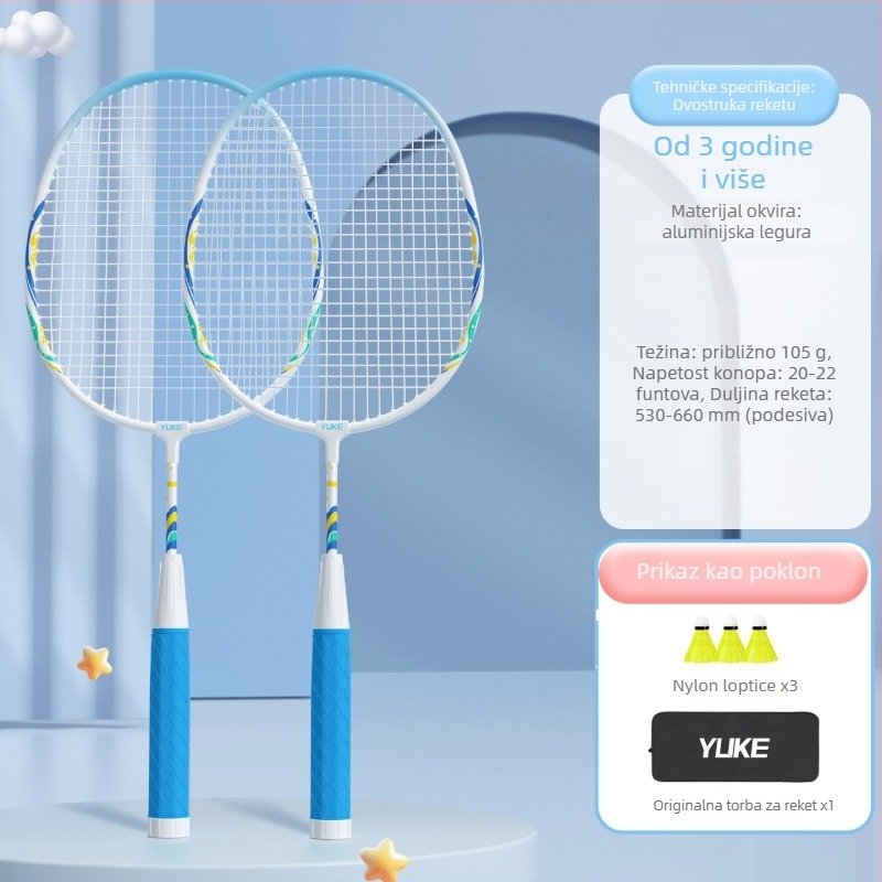 Raketa za badminton – Yuke, aluminijski okvir, težina 95–100 g, debljina drške G2, tvrdoća umjerena, za dječji trening