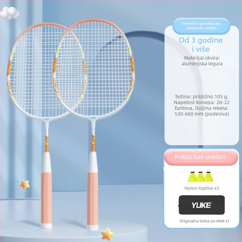 Raketa za badminton – Yuke, aluminijski okvir, težina 95–100 g, debljina drške G2, tvrdoća umjerena, za dječji trening