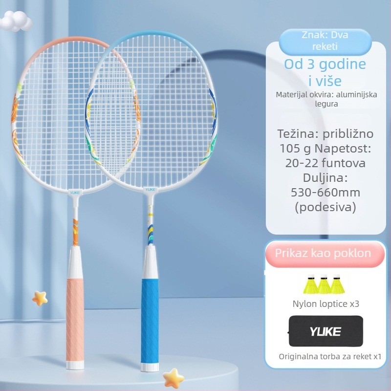 Raketa za badminton – Yuke, aluminijski okvir, težina 95–100 g, debljina drške G2, tvrdoća umjerena, za dječji trening