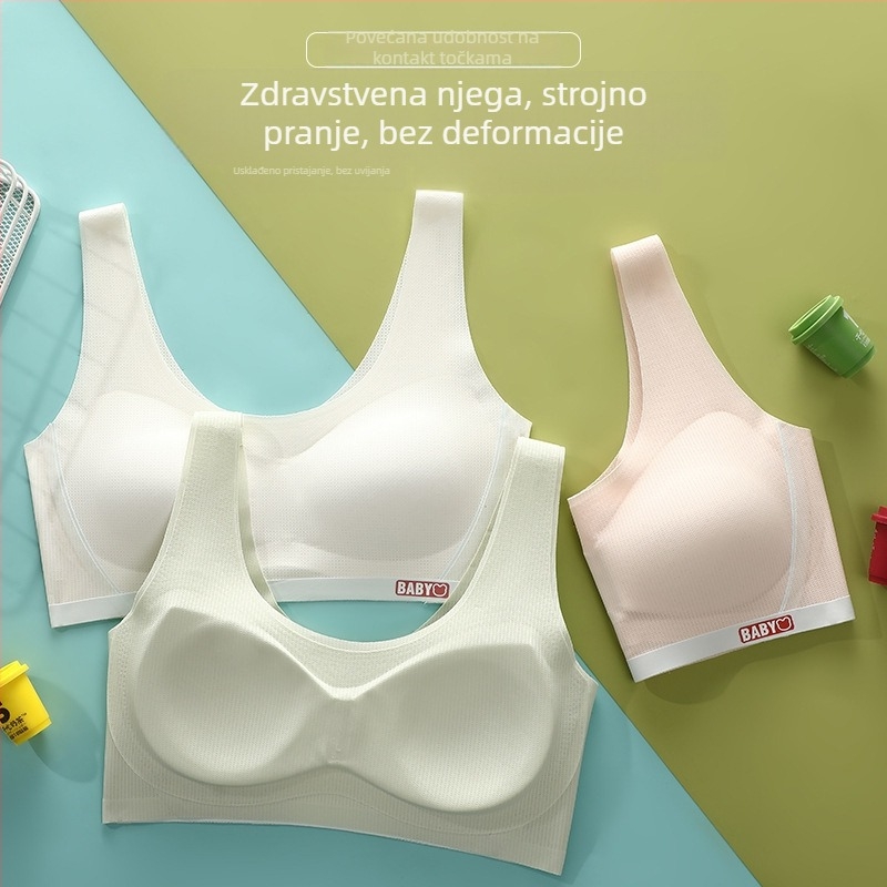 Grudnjak za djevojčice u pubertetu, lagana najlonska tkanina s pamuk podstavom, bez žice, košarica 3/4, tanke oblikovane košarice, prozračan sportski stil, podrška leđa, uzrast 12–15