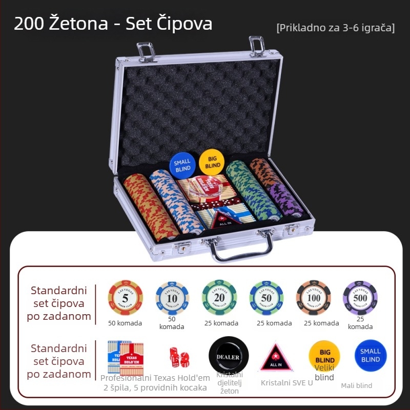 Texas Hold'em set žetona od glina s Crown žetonima, materijal glina, 1 set u kutiji.