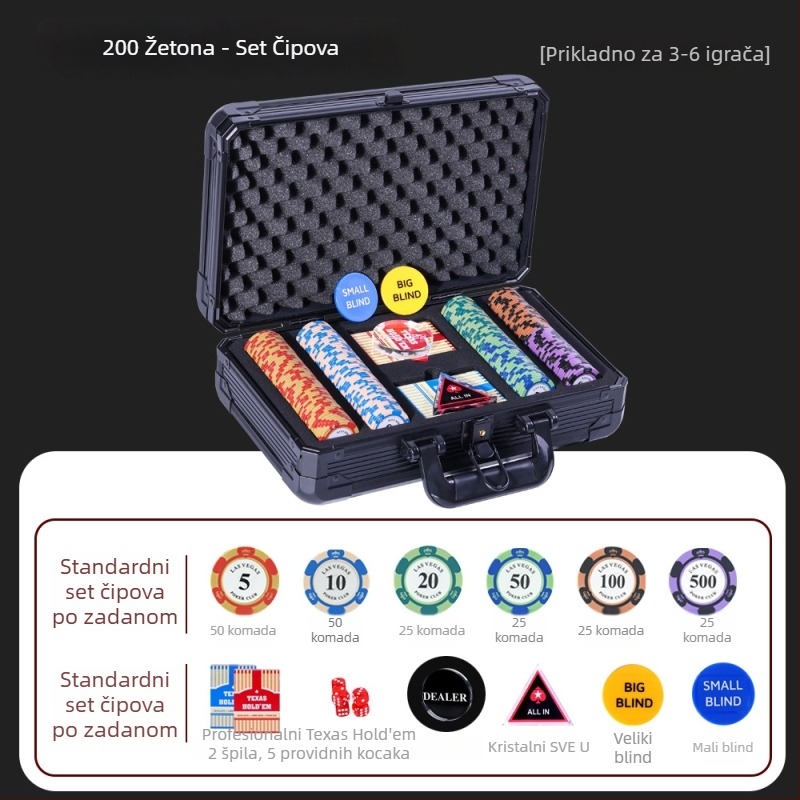 Texas Hold'em set žetona od glina s Crown žetonima, materijal glina, 1 set u kutiji.