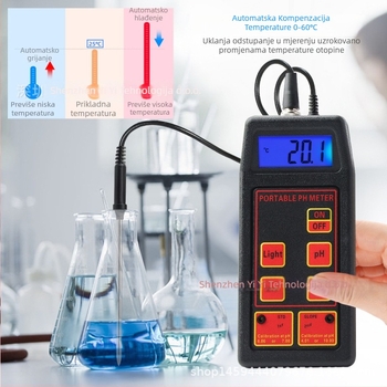Prijenosni pH mjerač s ORP za akvarije i uzgajališta, raspon pH 0.00-14, ±1999 mV, preciznost 0.01 pH, 1 mV, napajanje 9V.
