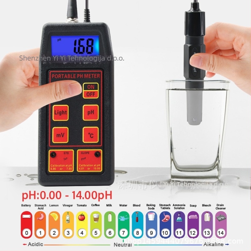 Prijenosni pH mjerač s ORP za akvarije i uzgajališta, raspon pH 0.00-14, ±1999 mV, preciznost 0.01 pH, 1 mV, napajanje 9V.