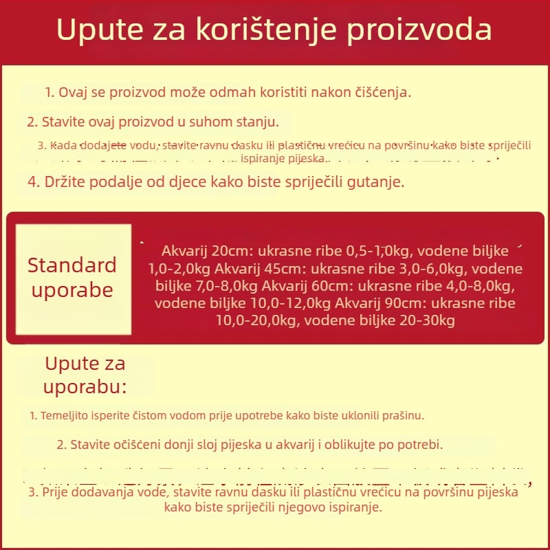Akvarijski pijesak za dno — Materijal: pijesak; Podrijetlo: Kina; Pakiranje: 1 vrećica; Težina: 2.5