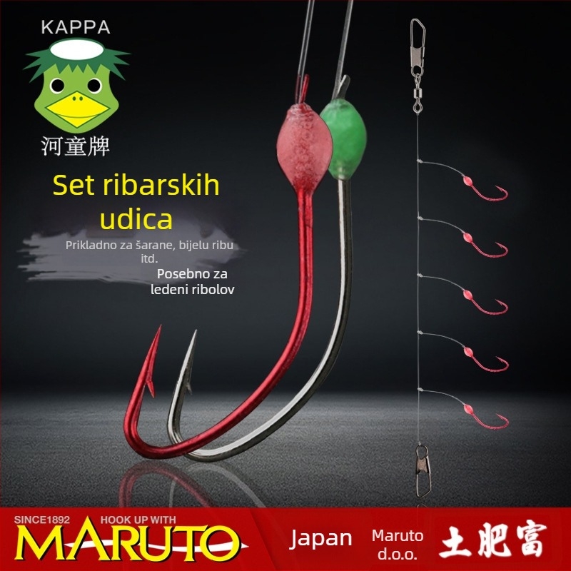 Set udica za ledolov s bodljikavim udicama No.14, s svijetlećom perlicom za male ribe, ravni vrh i dugačak držač, 500 komada u kutiji