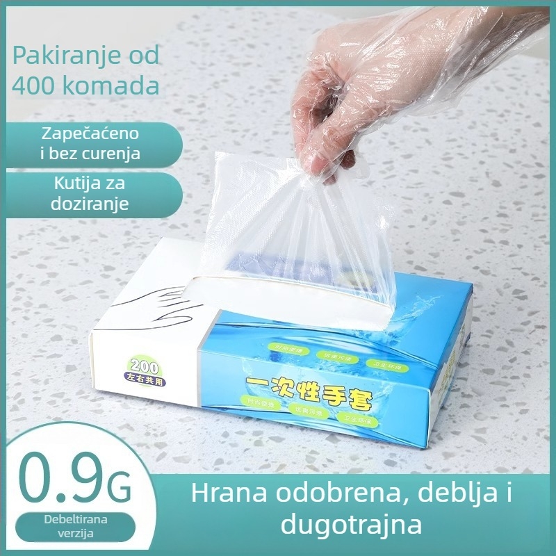 Jednokratne rukavice od PE plastike, prehrambene kvalitete, debele i prozirne, zaštita od prašine, pakirane u kutiji od 120 komada.