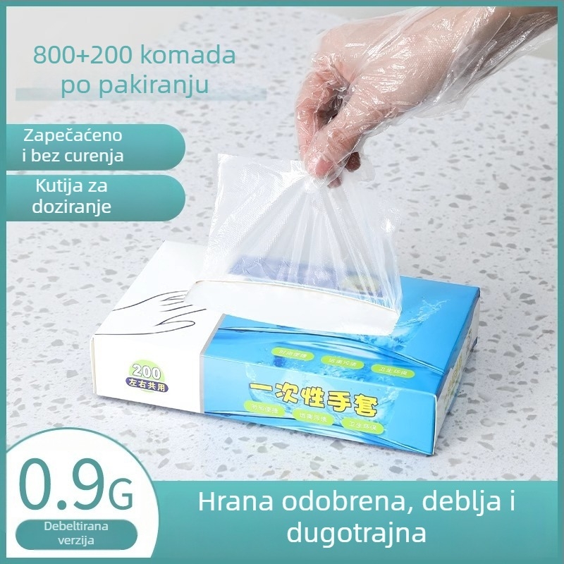 Jednokratne rukavice od PE plastike, prehrambene kvalitete, debele i prozirne, zaštita od prašine, pakirane u kutiji od 120 komada.