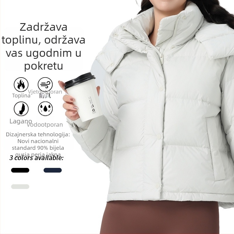 Ženska jakna od perja s bijelim pačjim perjem, debela, uski kroj, poliester tkanina, sadržaj perja 86–90%, punjenje 101–200 g
