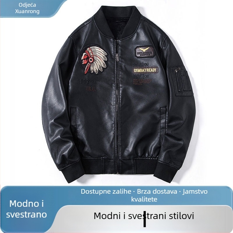 Muška PU kožna jakna, uski kroj, stojeći ovratnik, prednji zip, izvezeni detalji